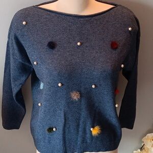 Fun Italian pearl and pompom blue cashmere blend sweater